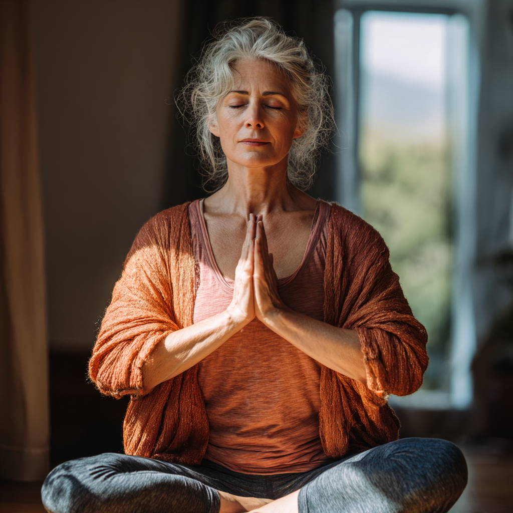 Mature woman practicing gentle yoga pose in natural light indoor setting