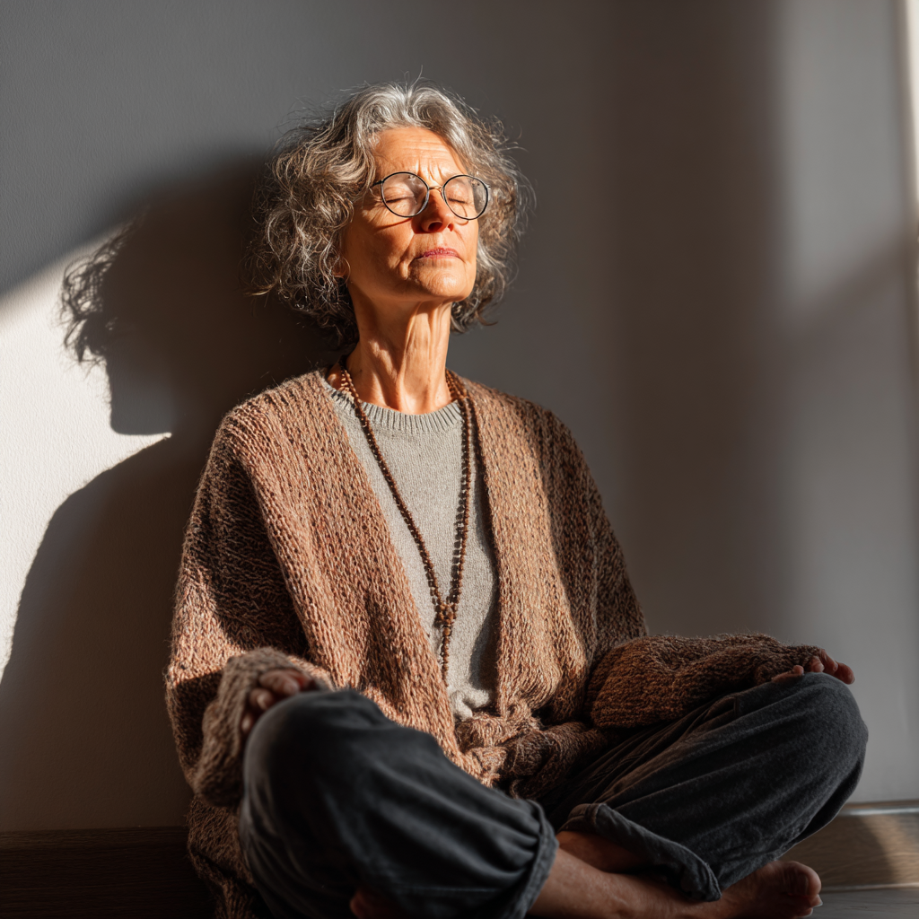 Older adult in comfortable seated meditation posture with mindful breathing practice